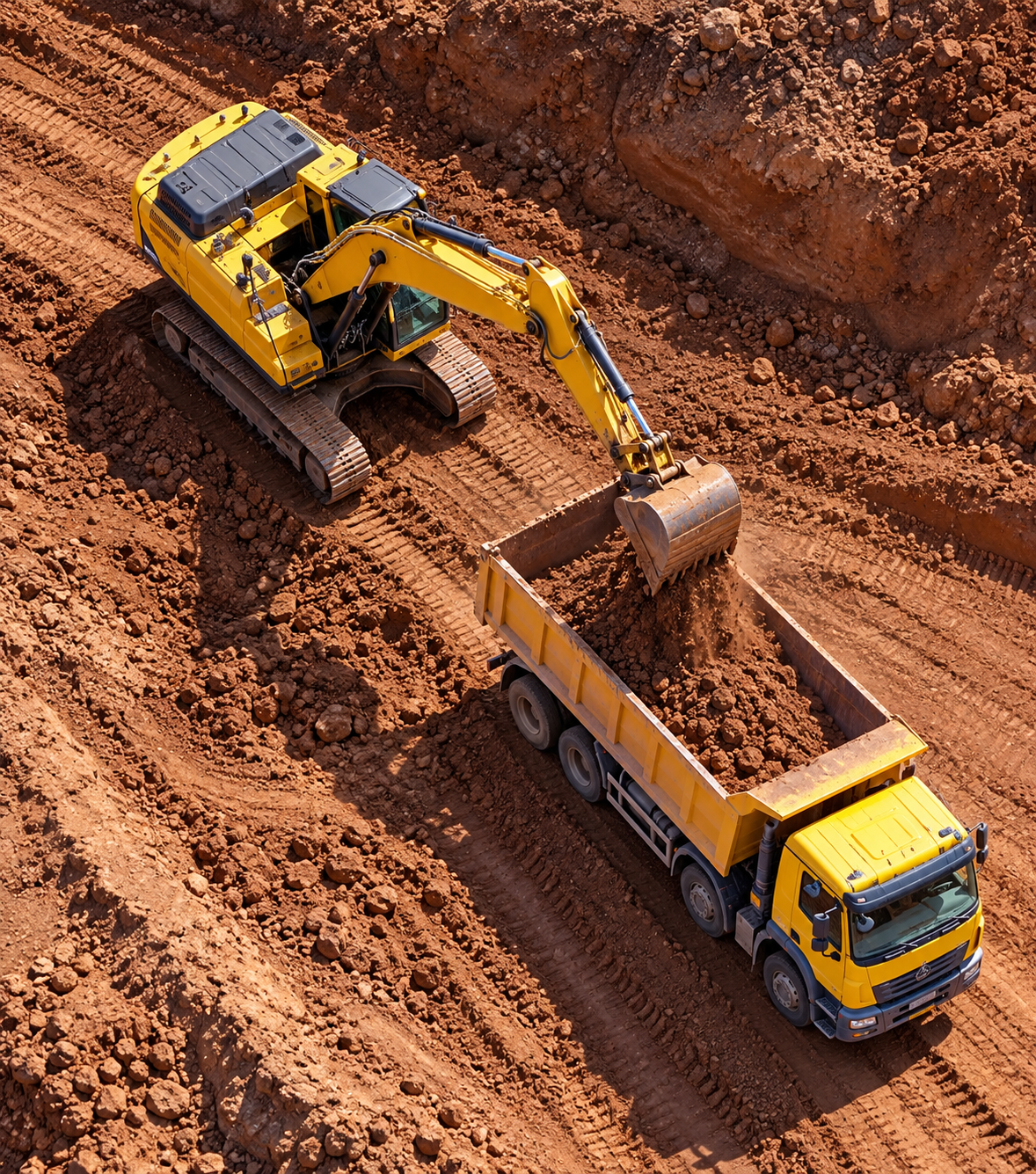Aerial view of an excavator loading a dump truck